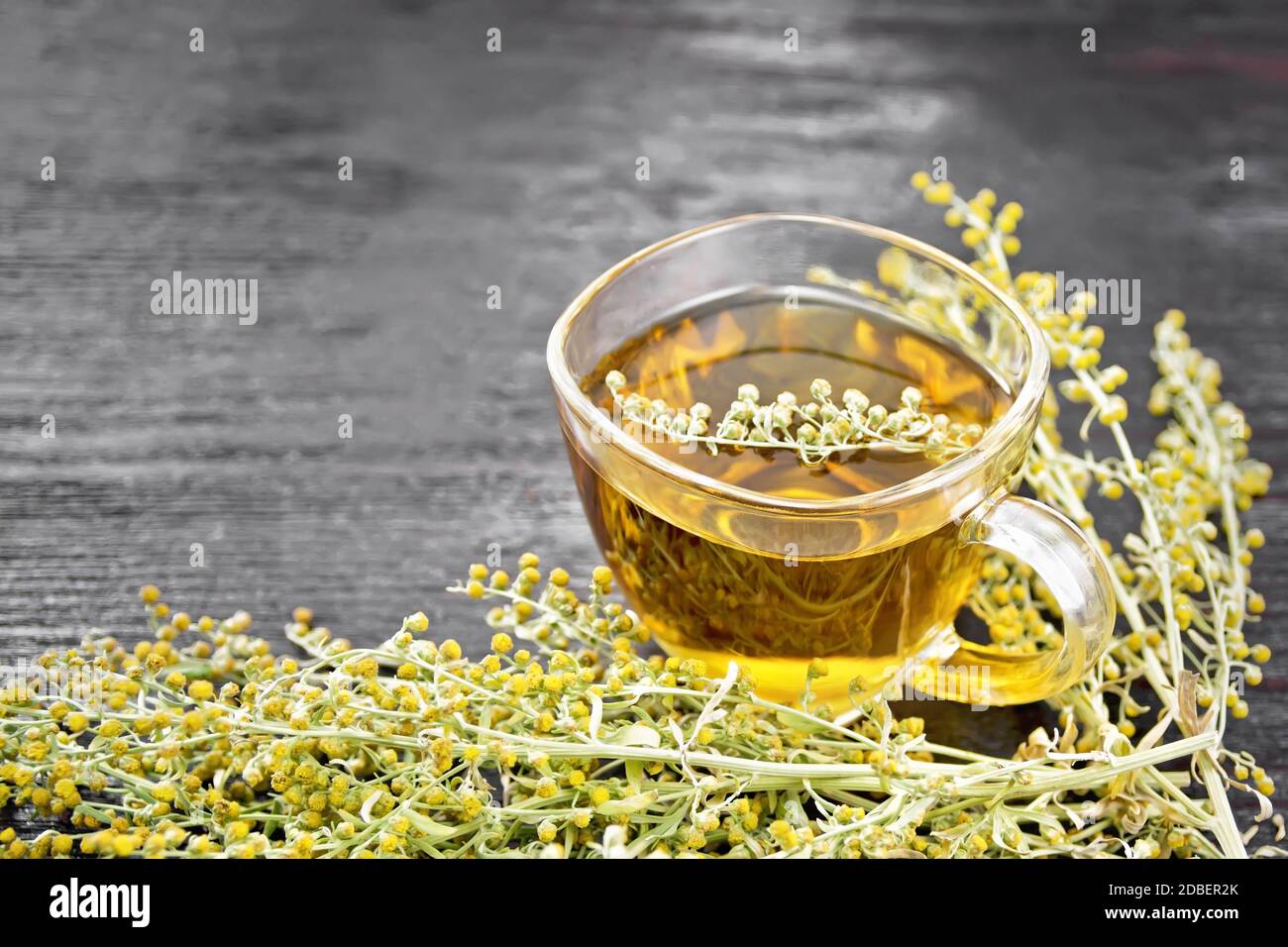 Gray wormwood herbal tea in a glass cup, fresh sagebrush flowers on dark wooden board background Stock Photo