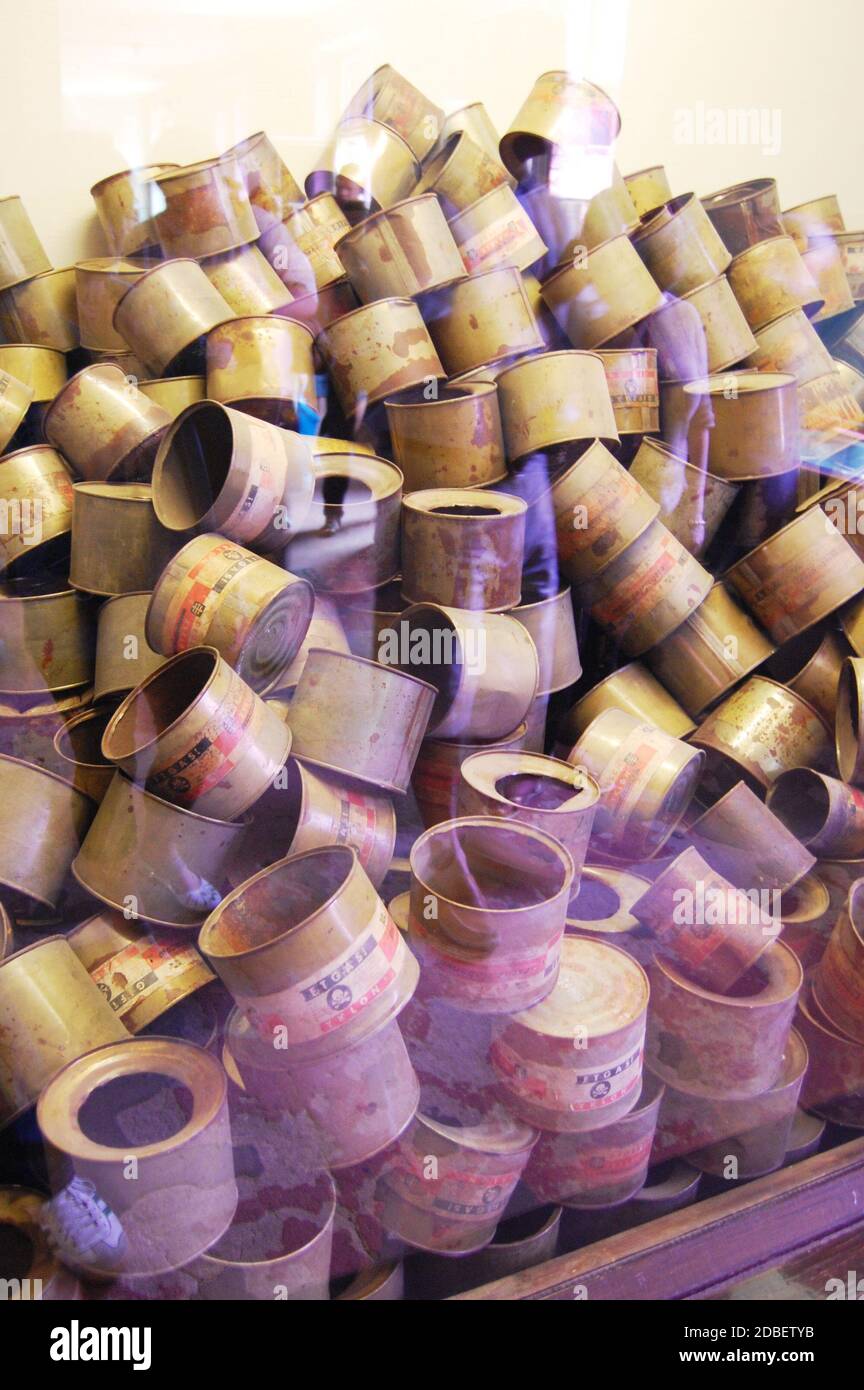 Zyklon B gas canisters at Auschwitz concentration camp Stock Photo