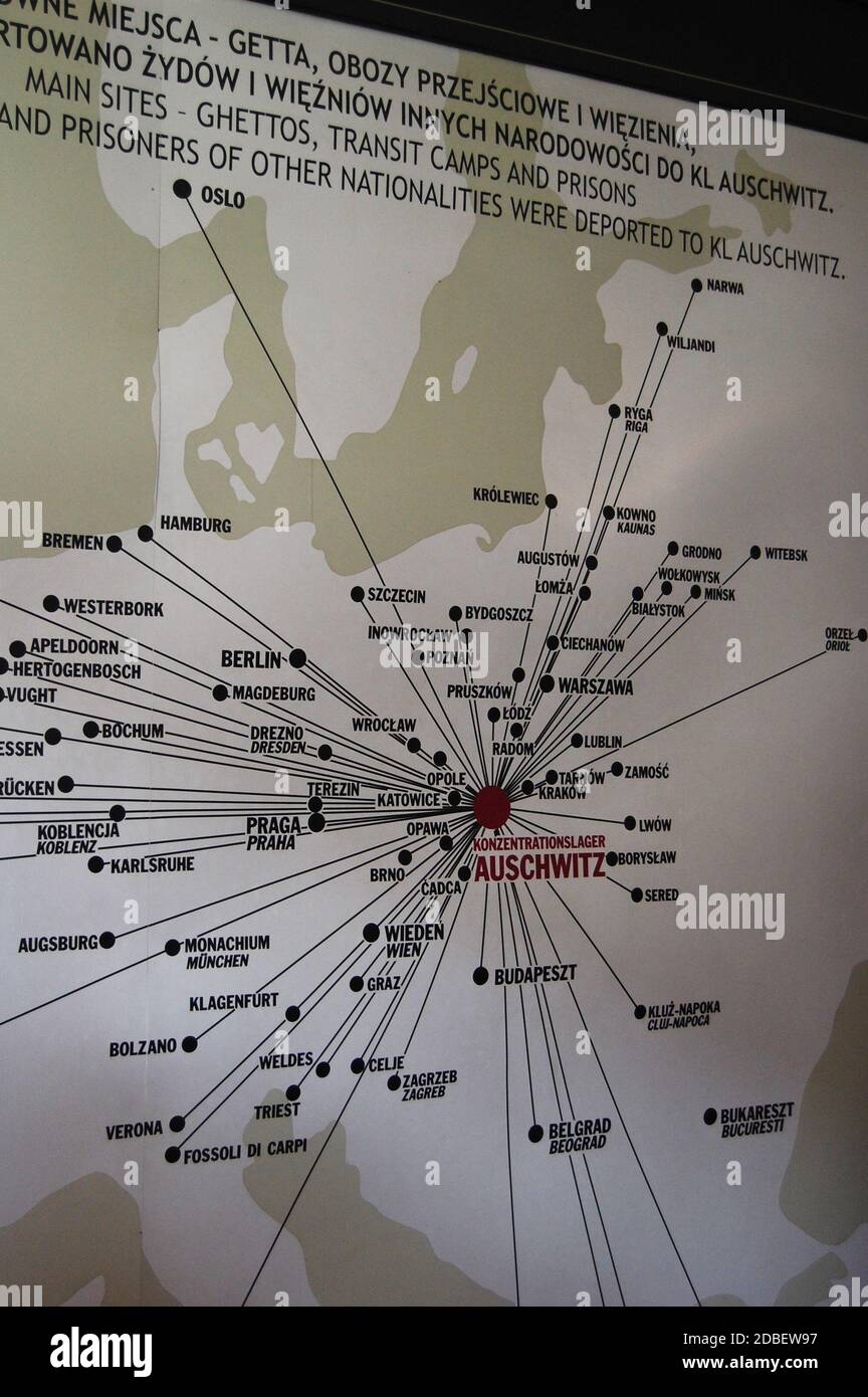 map showing destinations of where prisoners were imported into Auschwitz concentration camp Stock Photo