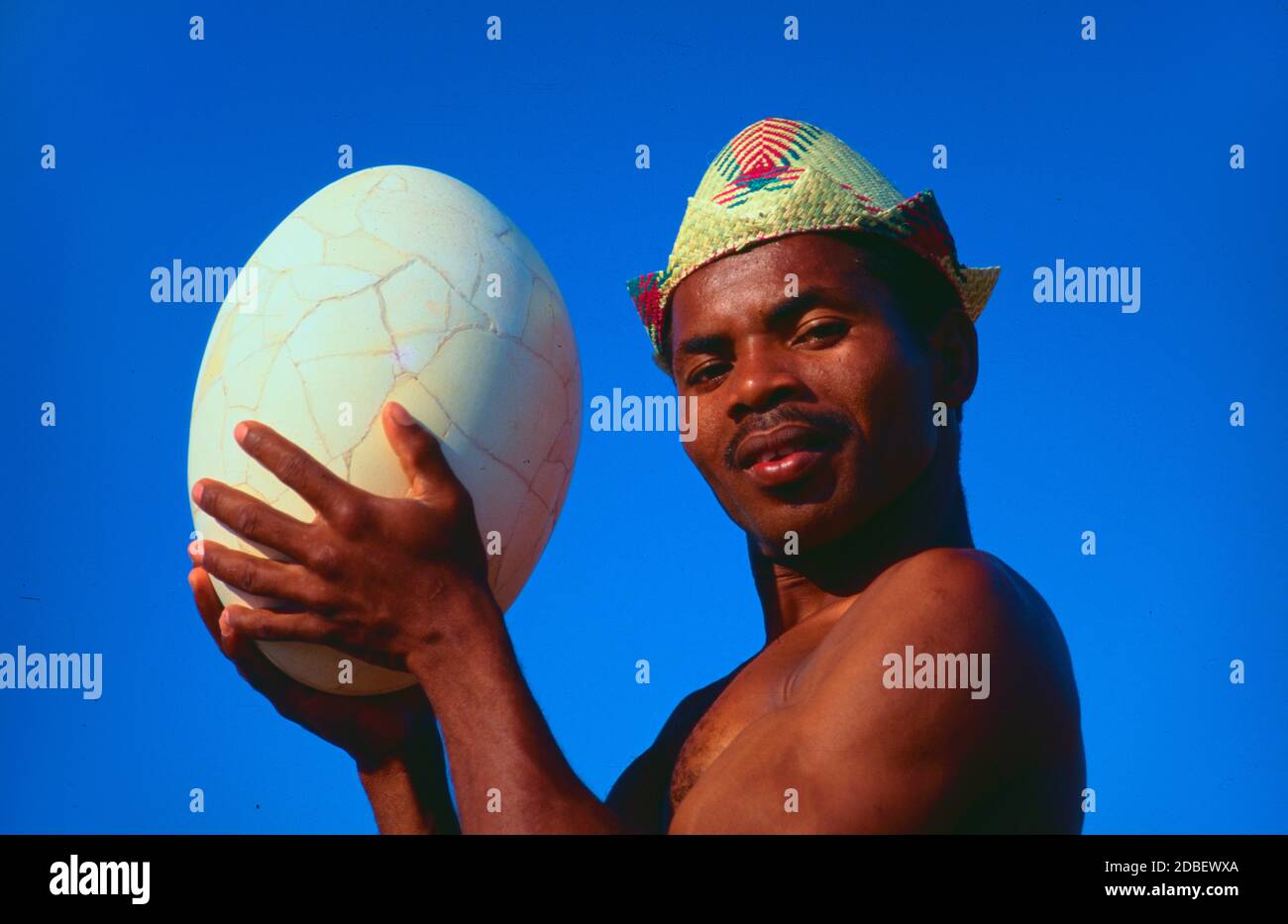 Antandroy Tribal Man wearing Traditional Raffia Hat & Holding a Giant Egg of the Extinct Elephant Bird in south-west Madagascar Stock Photo