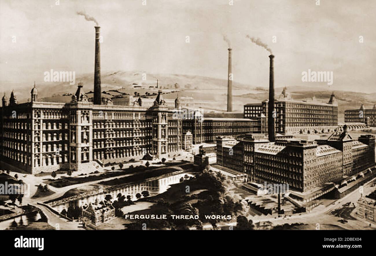 A circa 1910 advertising postcard image of the Ferguslie thread factory in Paisley, Renfrewshire,Scotland.jpg - The factory was so big it had its own Fire Station and firemen who lived close to the mills. In 1755 James and Patrick Clark began a loom equipment and silk thread business in Paisley, Scotland. In 1806 Patrick  invented a way of twisting cotton together as a  substitute for unatainable silk  due to the French blockade of Great Britain. The Coates mill was founded in 1826 by James Coats as a cotton thread works and  developed into  perhaps the largest thread mills in the world. Stock Photo