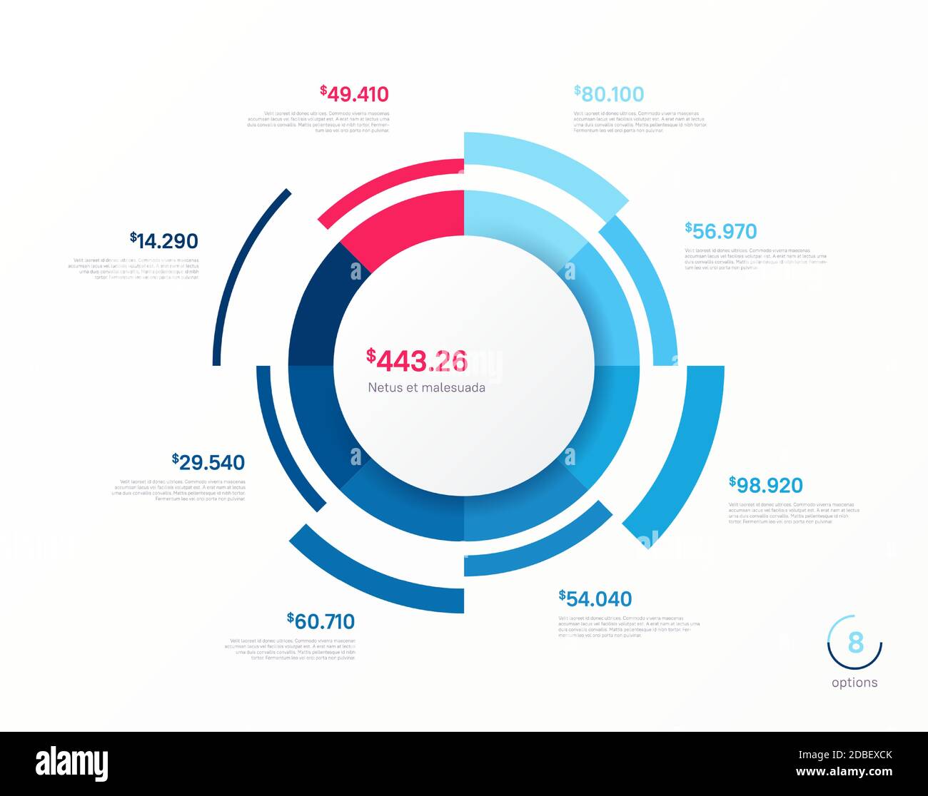 Vector infographic round chart template. Eight options, steps, parts ...
