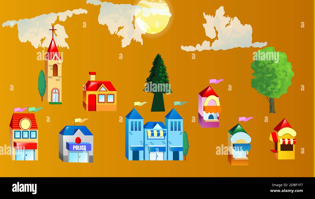 Flat design of retro and modern city houses. Old buildings, skyscrapers ...