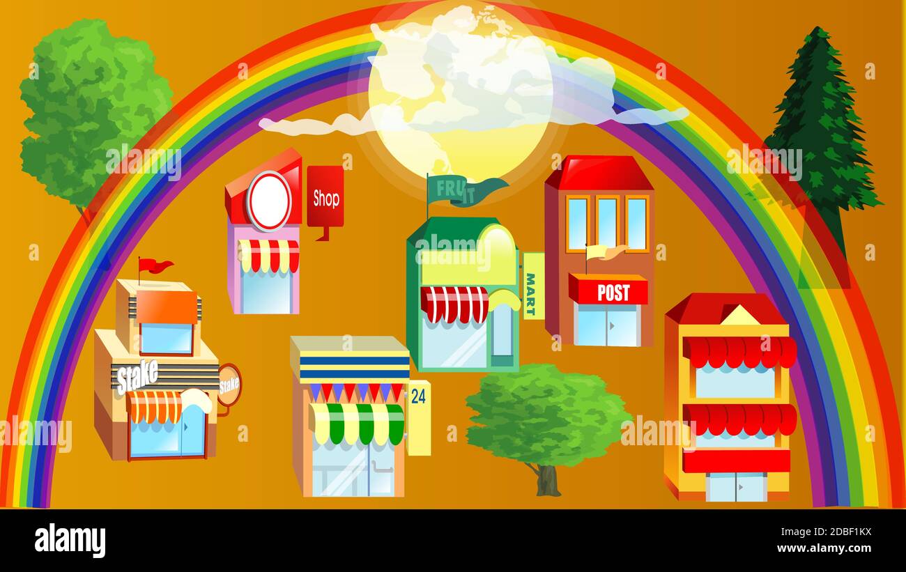 Flat design of retro and modern city houses. Old buildings, skyscrapers. colorful cottage building, cafe house. Stock Vector