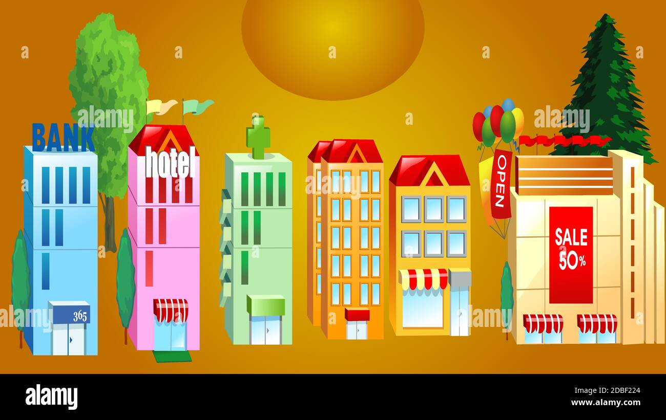 Flat design of retro and modern city houses. Old buildings, skyscrapers ...