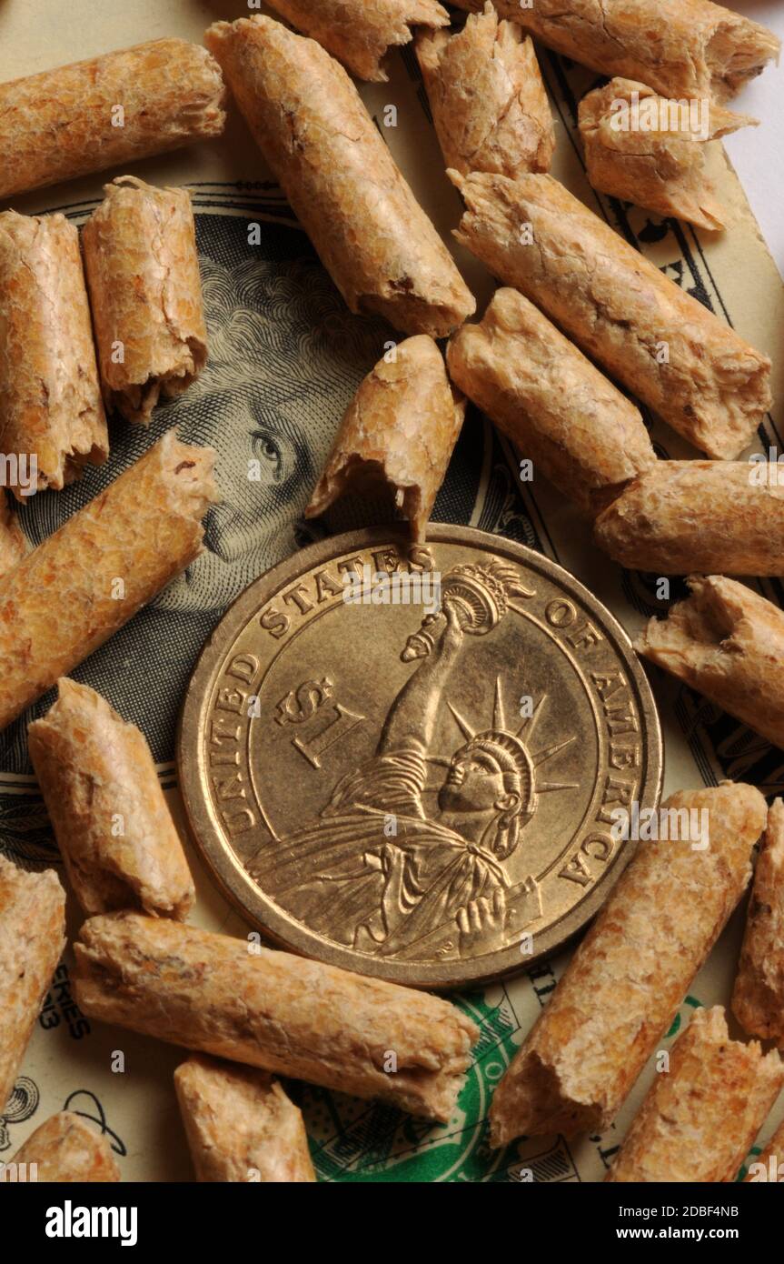 Close up on Us currency with wood pellets Stock Photo