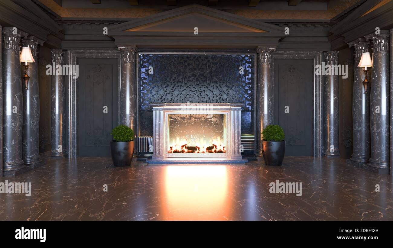 Dark Baroque And Classic Interior Design Idea With Fireplace And Plant Black Marble Floor And Column Realistic 3d Rendering Stock Photo Alamy