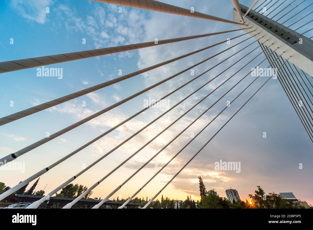 Millennium Bridge and it's impressive modern architectural design featuring twelve cables which support the roadway deck, while twenty-four more are a Stock Photo