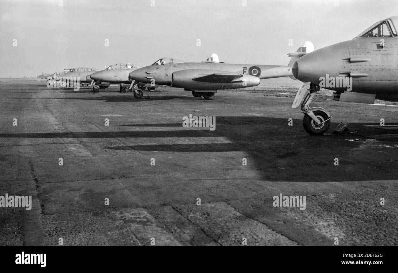 A line up of Royal Air Force Gloster Meteor Jet Fighters at an RAF base in  England during the 1950s Stock Photo - Alamy