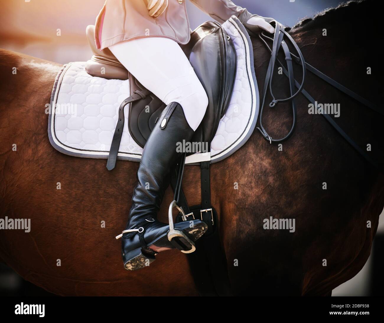 On a Bay sports horse in a leather saddle sits a rider in black boots