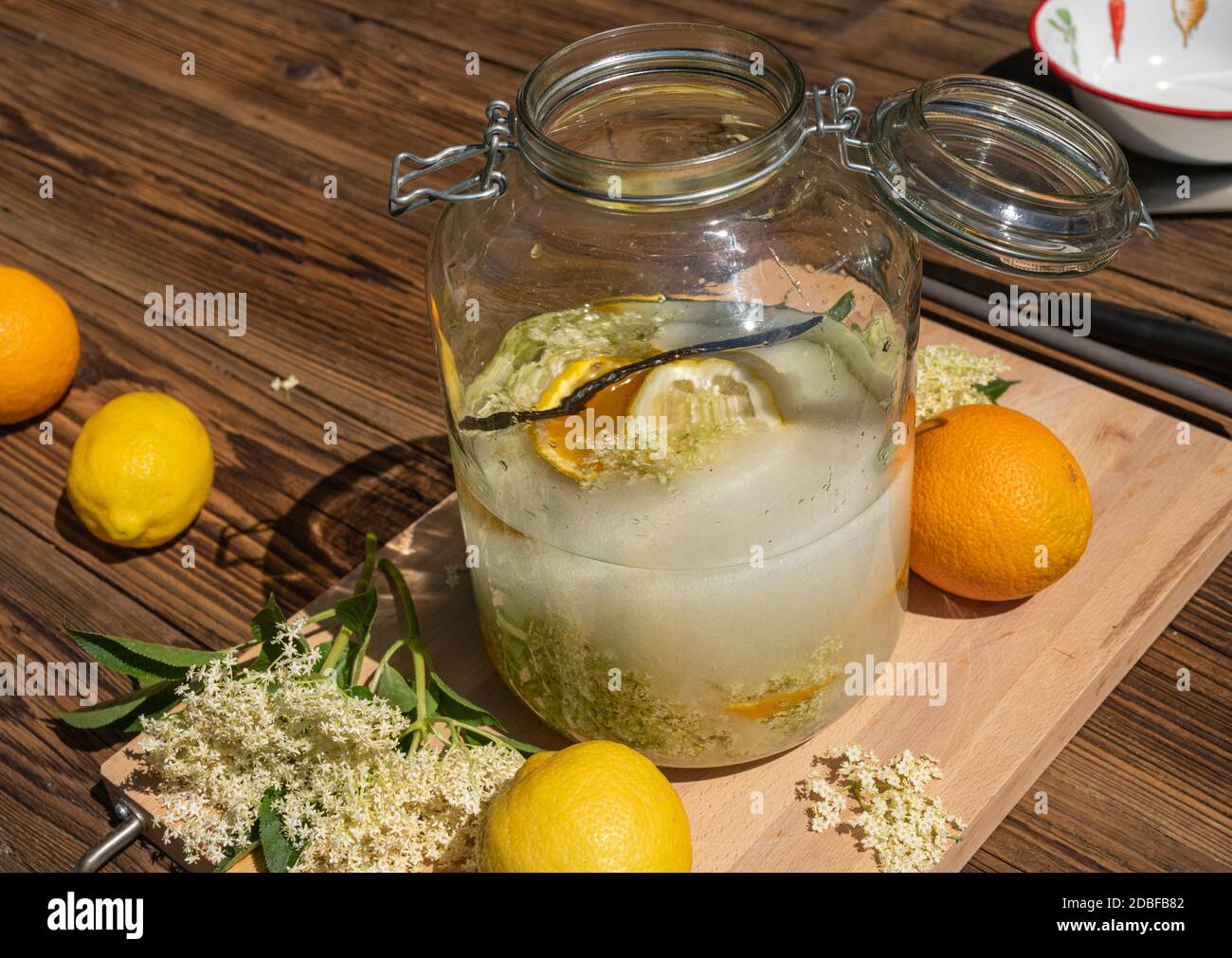 The elderflower liqueur is ready made, all ingredients are in the big preserving jar, fresh elderflowers, oranges and lemon slices, sugar, the vanilla Stock Photo