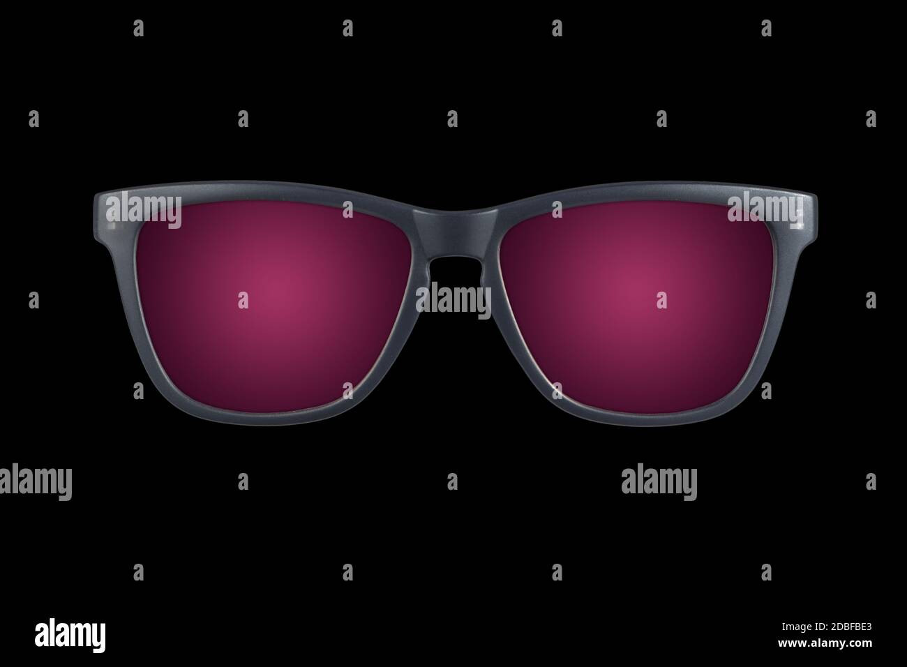 A pair of grey sunglasses with purple lenses on black background Stock Photo