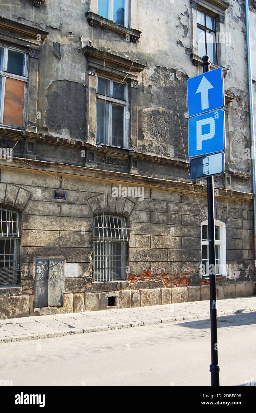 parking sign on an old street in Krakow Poland Stock Photo