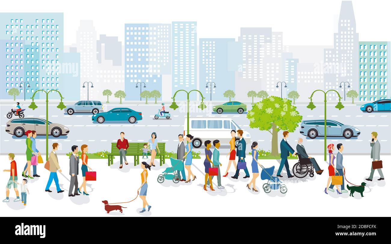 Big city with public transport, pedestrians and road traffic ...