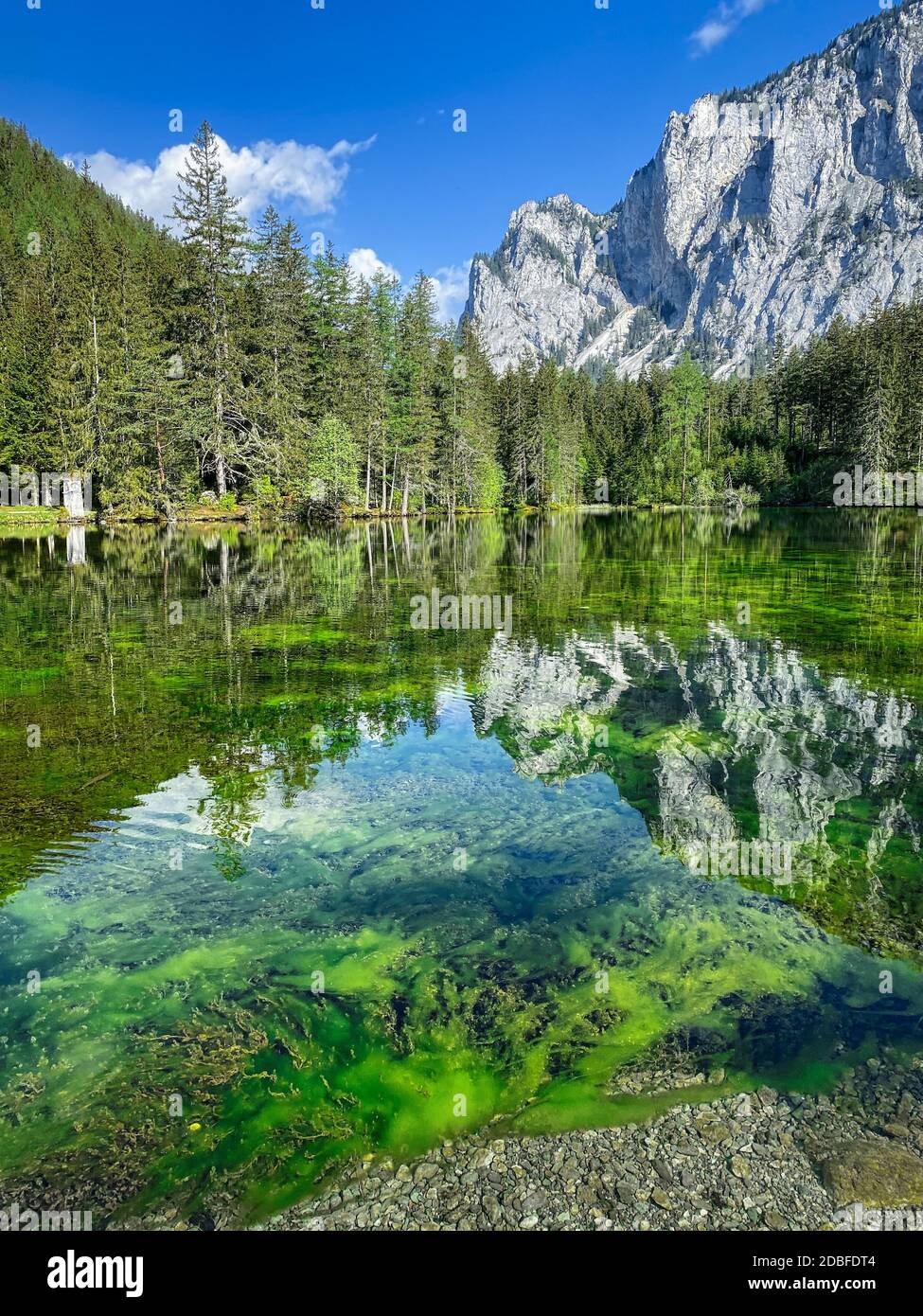 Green Lake Austria, temporary lake with meltwater in Austria Stock Photo