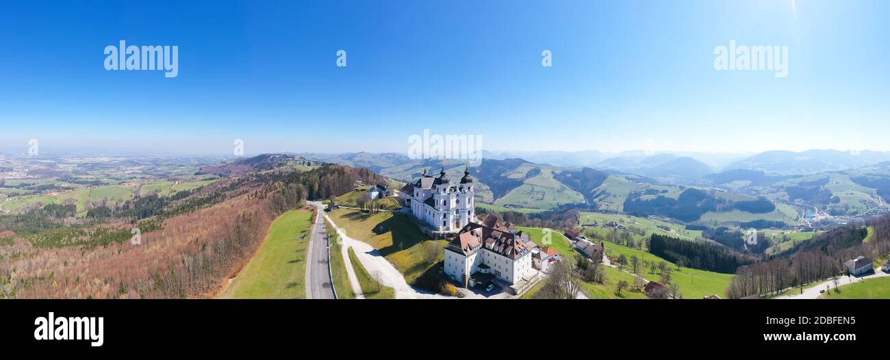 Sonntagberg Basilica Church in Lower Austria. Aerial view to the famous catholic pilgrimage center in Mostviertel. Stock Photo