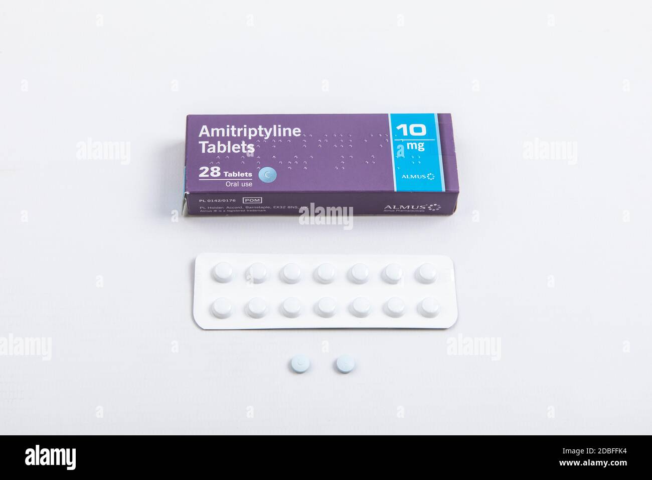 Still life photograph of amitriptyline 10mg antidepressants medicine. Stock Photo