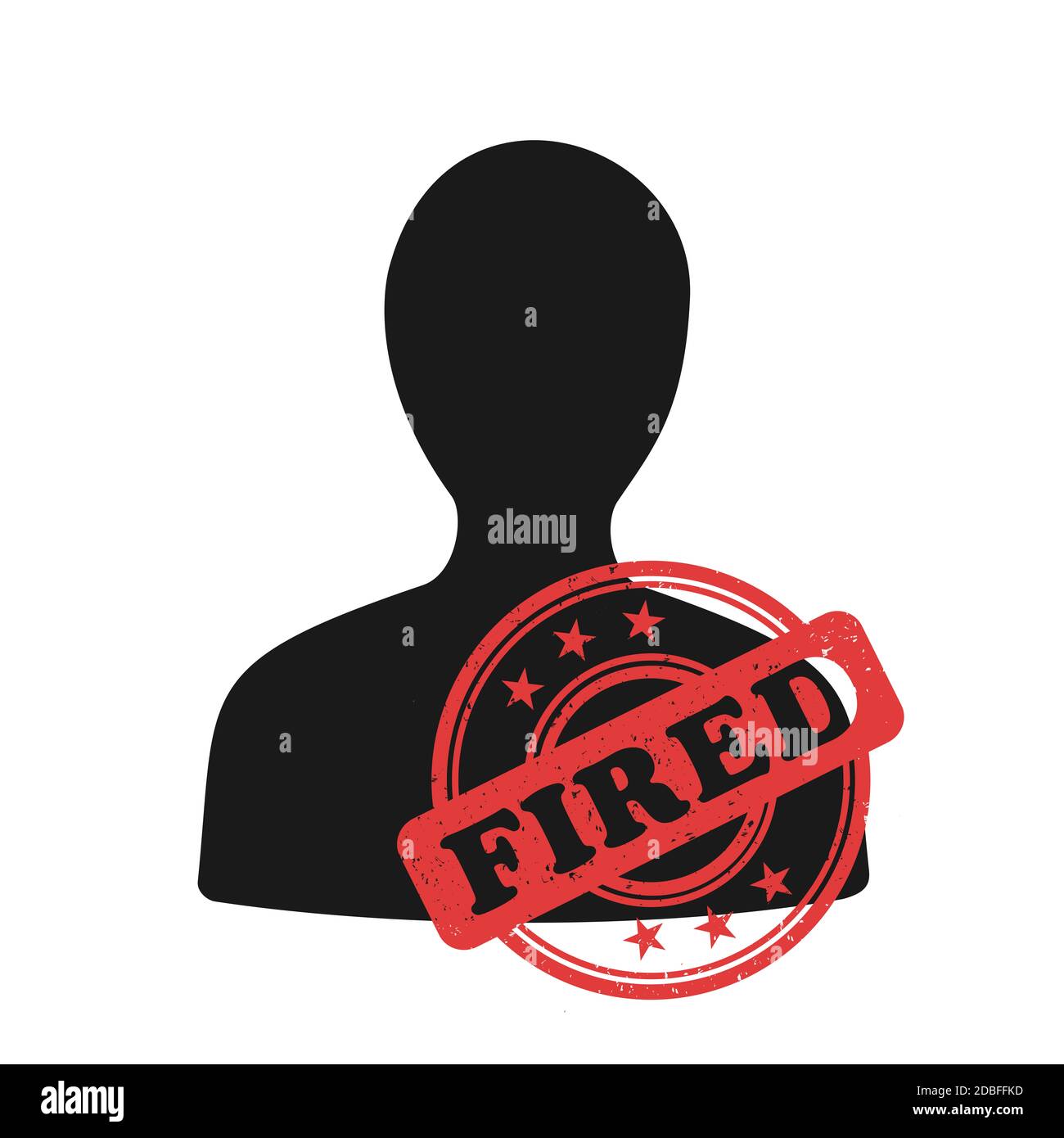 Dismissal and be fired - man, person and human is labelled as jobless and unemployed after being fired and dismissed. Vector illustration isolated on Stock Photo