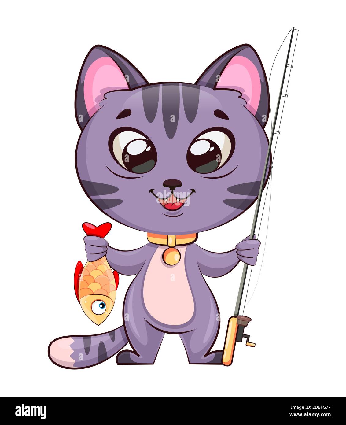 Stock vector funny kitten. Cute little cat cartoon character with fishing rod and fish. Vector illustration Stock Vector