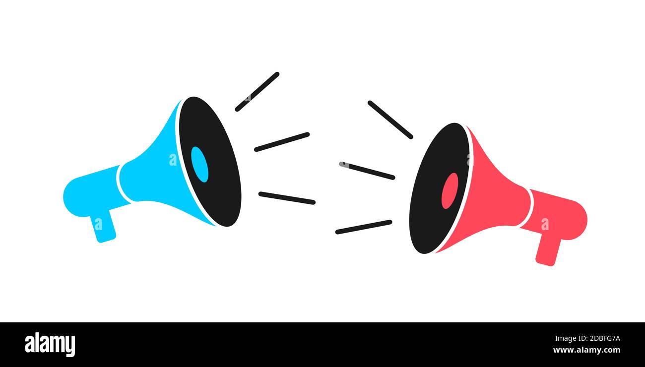 Two megaphones, speakers, loud speakers and loudspeaker are competing against each other - clash, conflict, battle, fight and duel. Vector illustratio Stock Photo