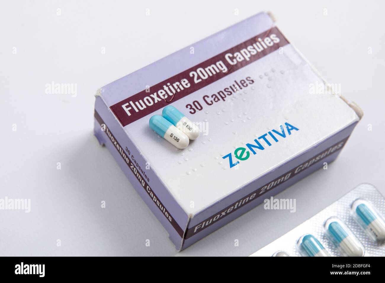 Still life photograph of Fluoxetine 20mg antidepressants capsules. Stock Photo