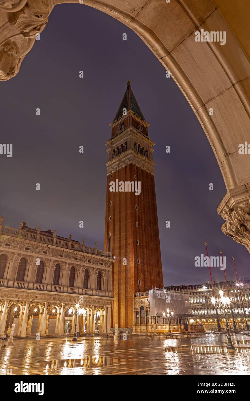 Campanile on St. MarkÂ´s Square in Venice at nicht Stock Photo