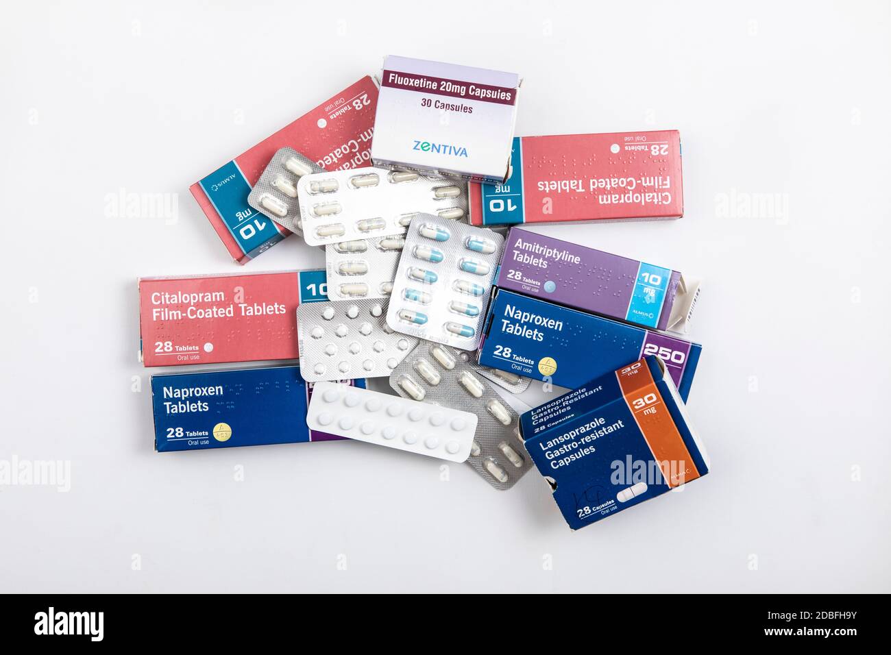 Still life photograph showing a mixture of antidepressants medicines. Stock Photo