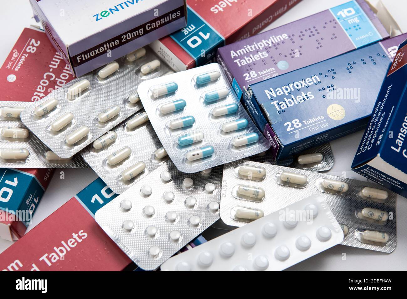 Still life photograph showing a mixture of antidepressants medicines. Stock Photo