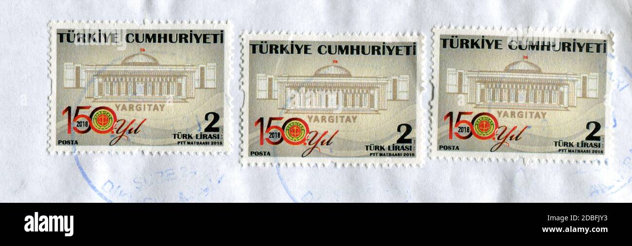 GOMEL, BELARUS, 23 MARCH 2020, Stamp printed in Turkey shows image of The Court of Cassation, circa 2018 . Stock Photo