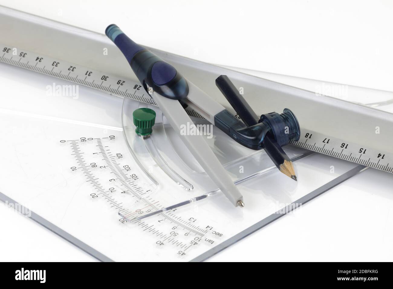 A set of technical drawing tools ruler protractor pair of compasses