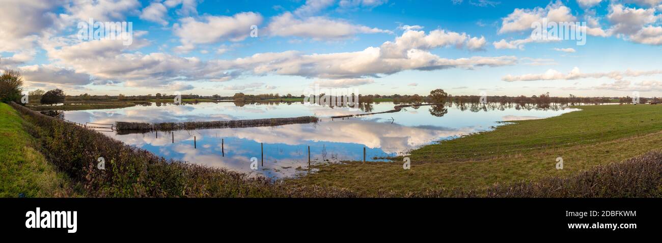 Panoramic view of flooded farmland in North Yorkshire, UK Stock Photo