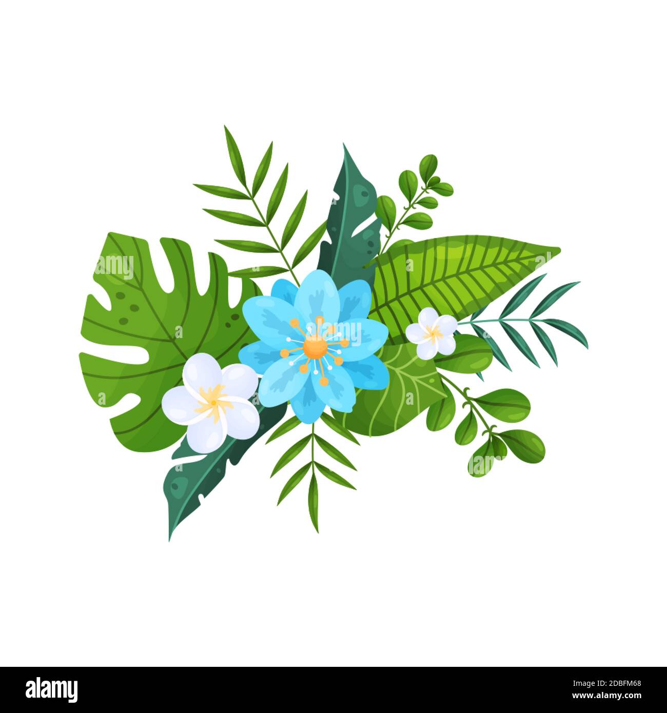 Bouquet of tropical leaves and flowers on a white background Stock ...