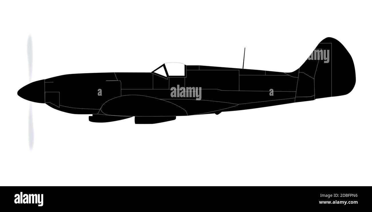 A Supermarine World War II Spitfire Mark XIV  fighter plane in silhouette Stock Photo