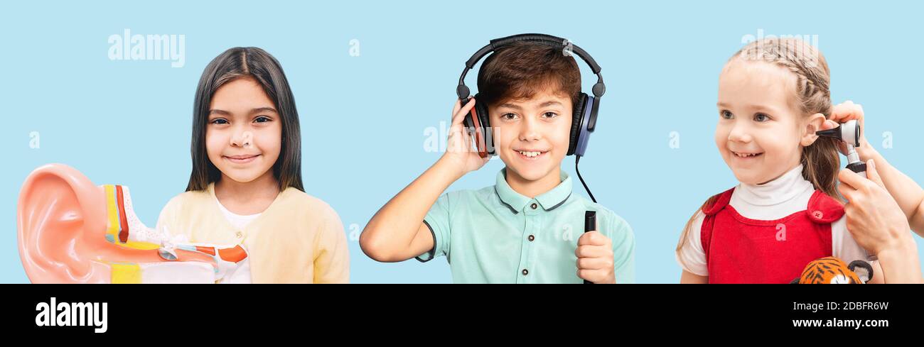 Children hearing exam and treatment. Mixed race group of children has hearing diagnostic.Audiometry, ear test with otoscope Stock Photo