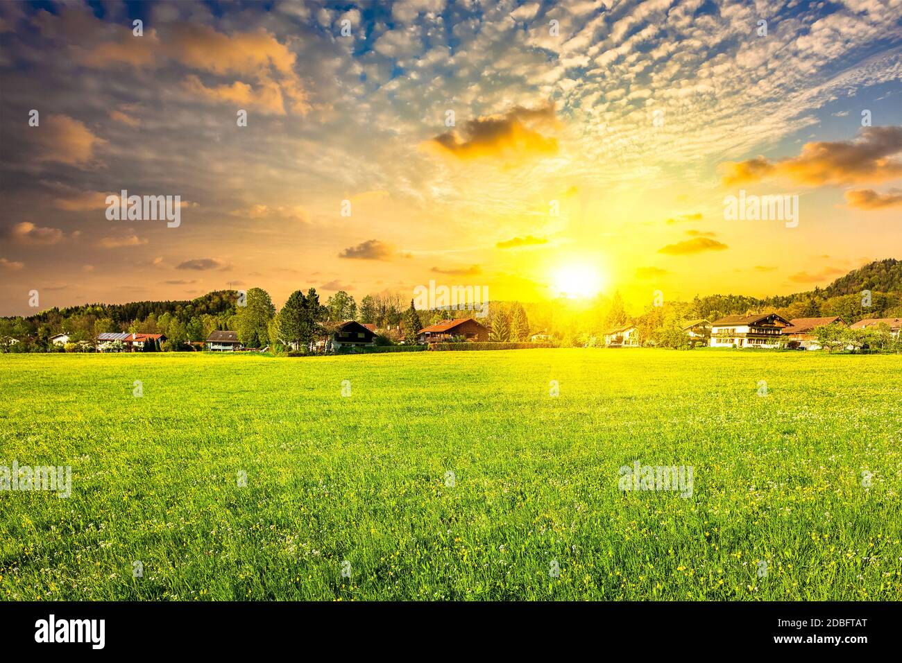Idyllic rural scene of countryside meadow field on sunset, Germany ...
