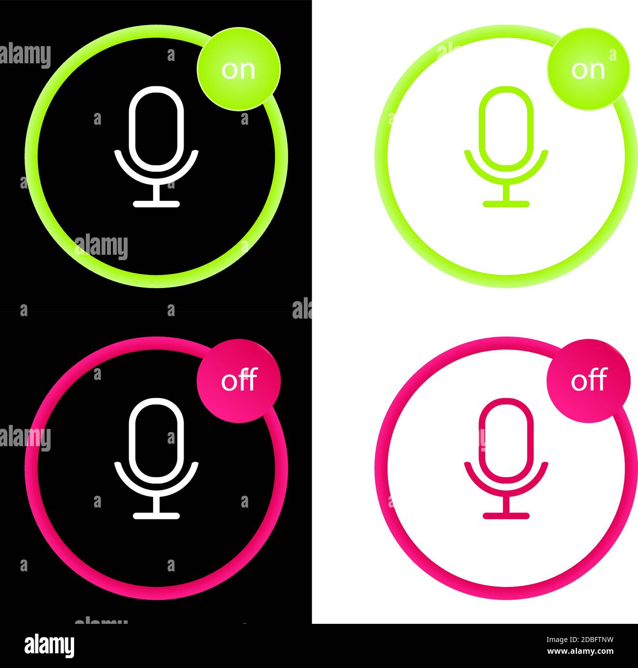 Microphone four color glass button ui ux icon. Glossy app icon logo vector. Set of vector icons on and off microphone. EPS 10 Stock Vector