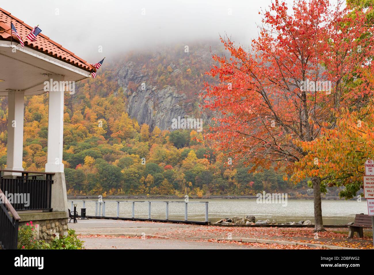 The waterfront with a partial view of the gazebo and the Hudson River