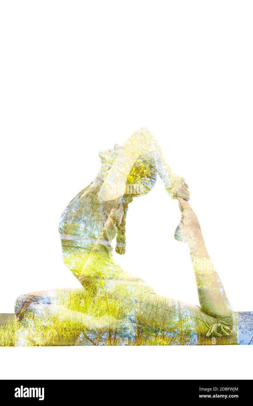 Nature harmony healthy lifestyle concept - double exposure image of  woman doing yoga asana King Pigeon Pose Raja Kapotasana exercise isolated on whit Stock Photo