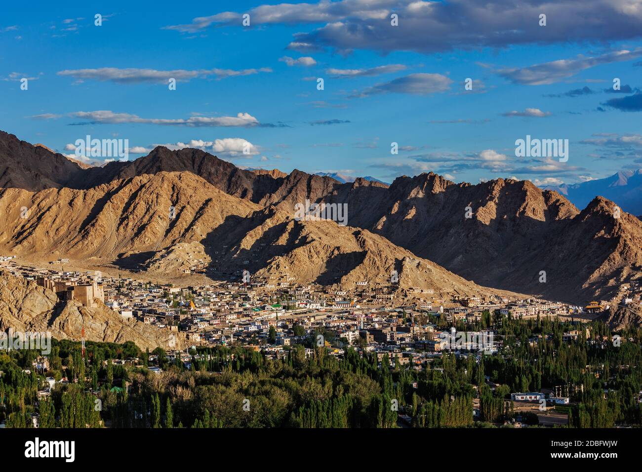 View of Leh from above from Shanti Stupa on sunset in Himalayas. Ladakh, Jammu and Kashmir, India Stock Photo