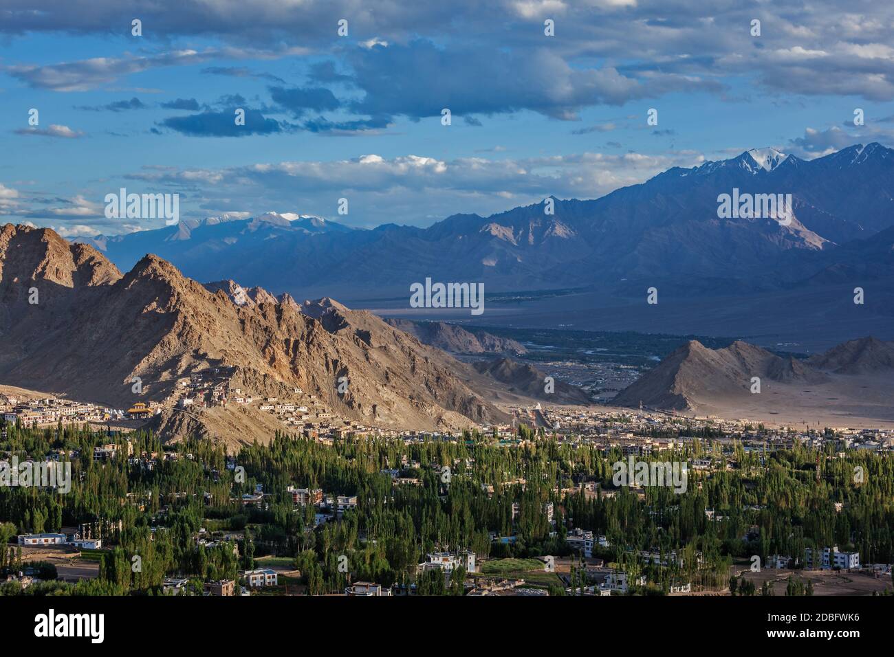 View of Leh from above from Shanti Stupa on sunset. Ladakh, Jammu and Kashmir, India Stock Photo