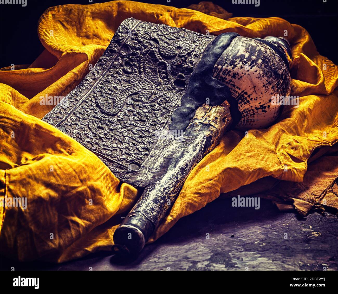 Vintage retro effect filtered hipster style image of Dung-Dkar (trumpet made of conch shell) - religious music instrument in Tibetan Buddhism. Spituk Stock Photo
