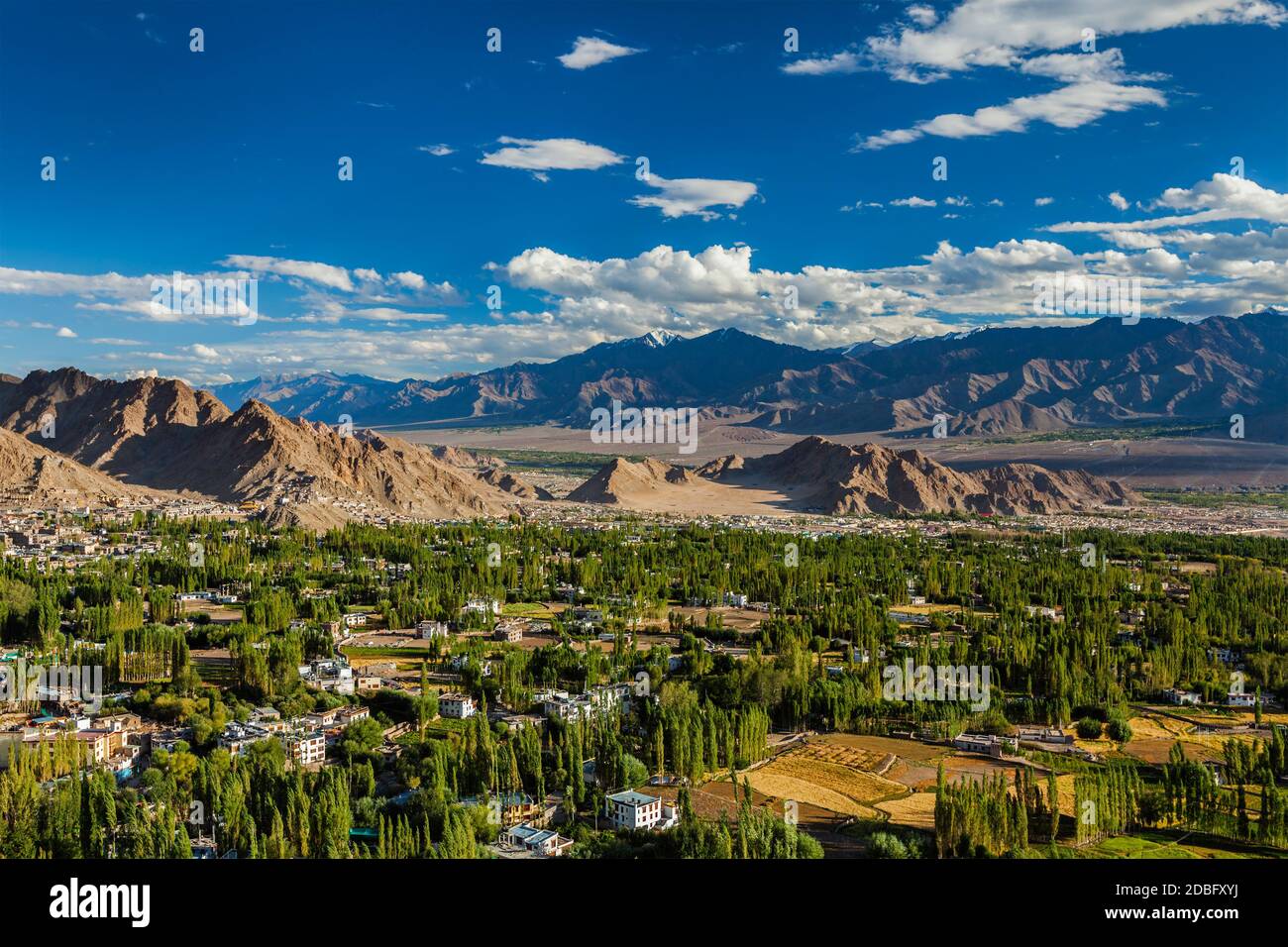 View of Leh from above from Shanti Stupa on sunset. Ladakh, Jammu and Kashmir, India Stock Photo