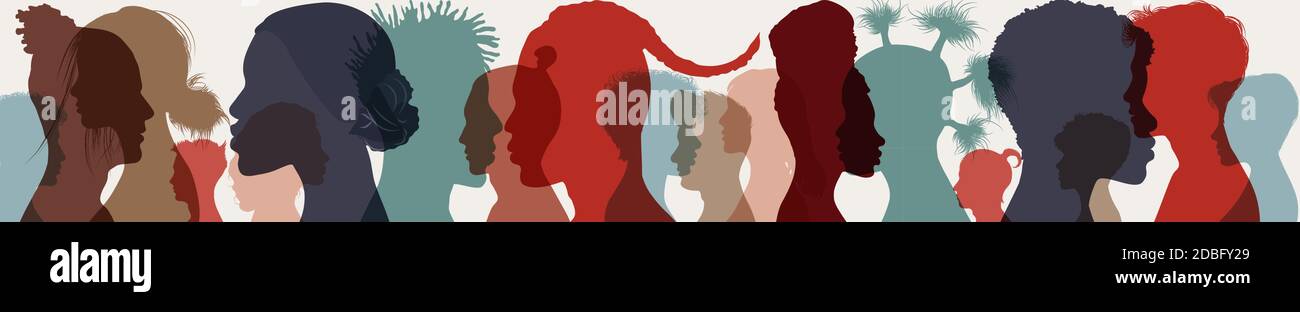 Diversity multiethnic people. Group side silhouette men and women of different culture and different countries. Coexistence harmony and multicultural Stock Vector