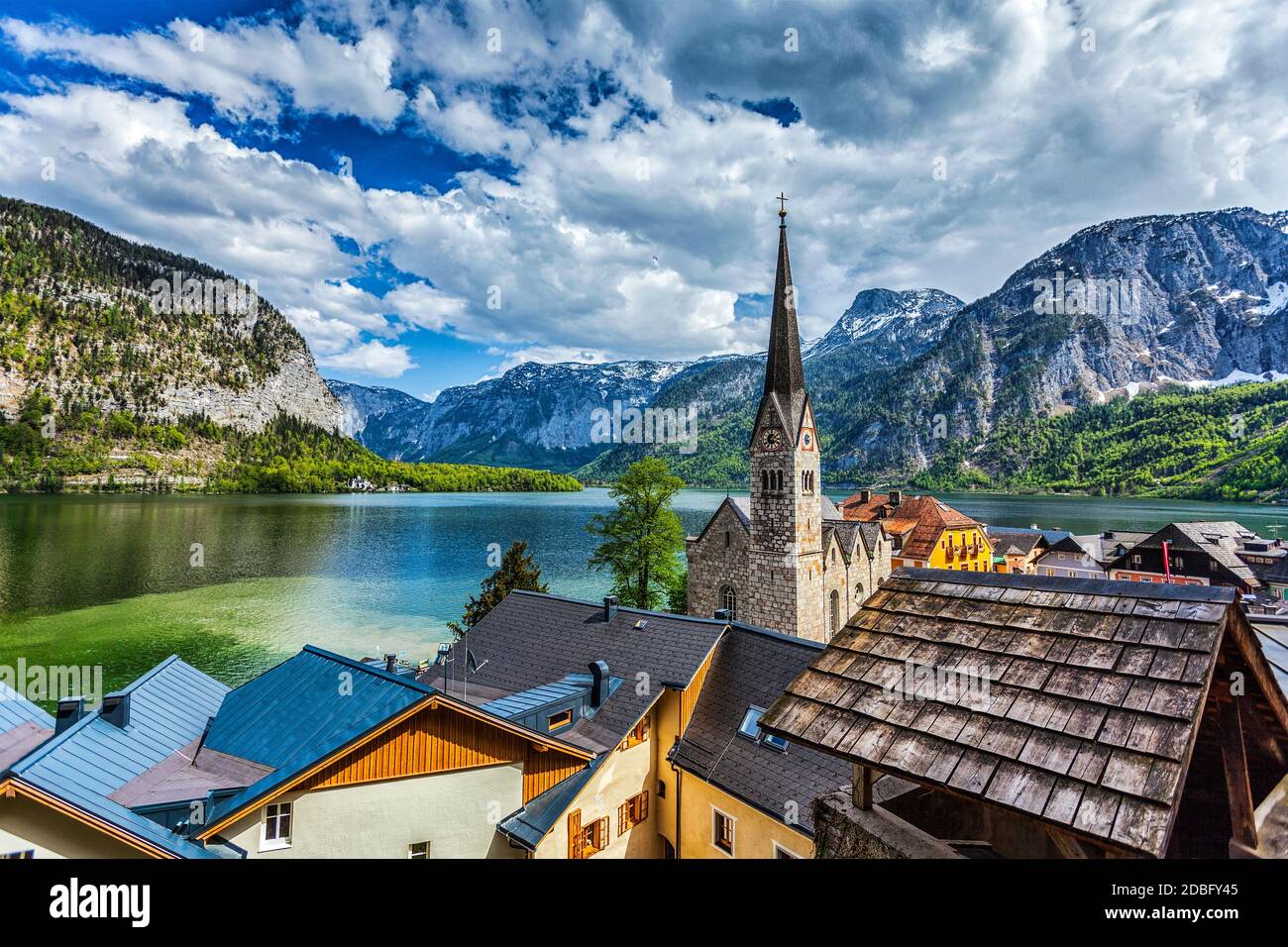 Austrian tourist destination Hallstatt village on  Hallstatter See in Austrian alps. Salzkammergut region, Austria Stock Photo