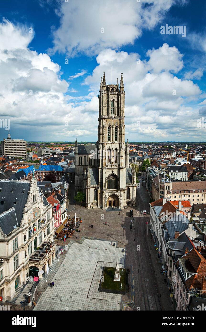 Saint Bavo Cathedral (Sint-Baafskathedraal) and Sint-Baafsplein, view from Belfry. Ghent, Belgium Stock Photo