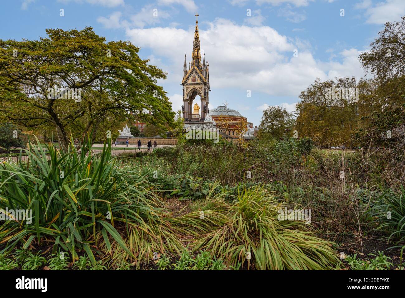 A view of The Albert Memorial taken inside Kensington Gardens, London. Photographed in Autumn. Stock Photo