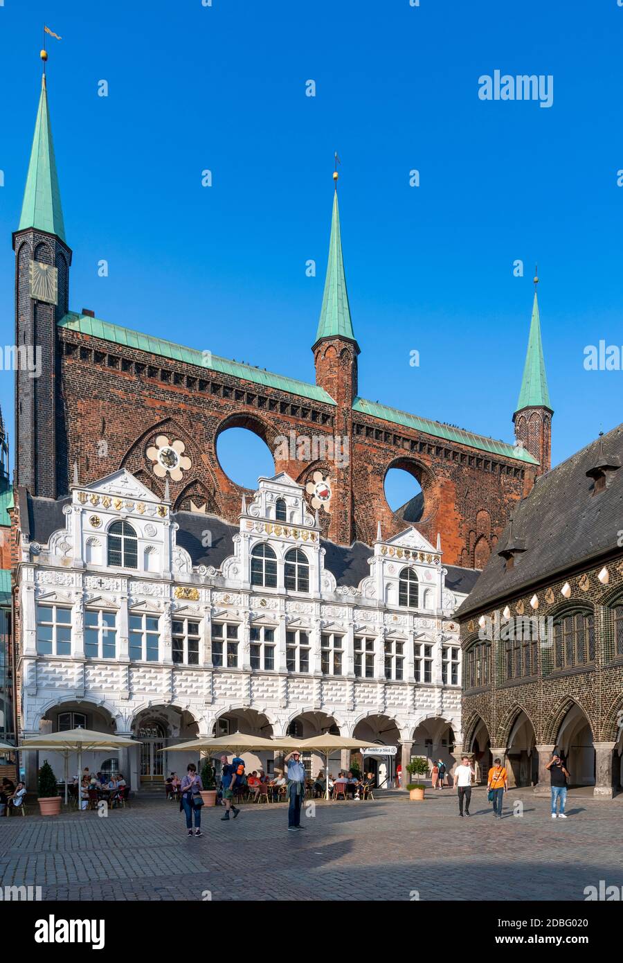 Stadtverwaltung Hansestadt Lübeck. This 1226 town hall has ornate arched buildings, in styles from Gothic to Renaissance - plus wind holes too! Stock Photo