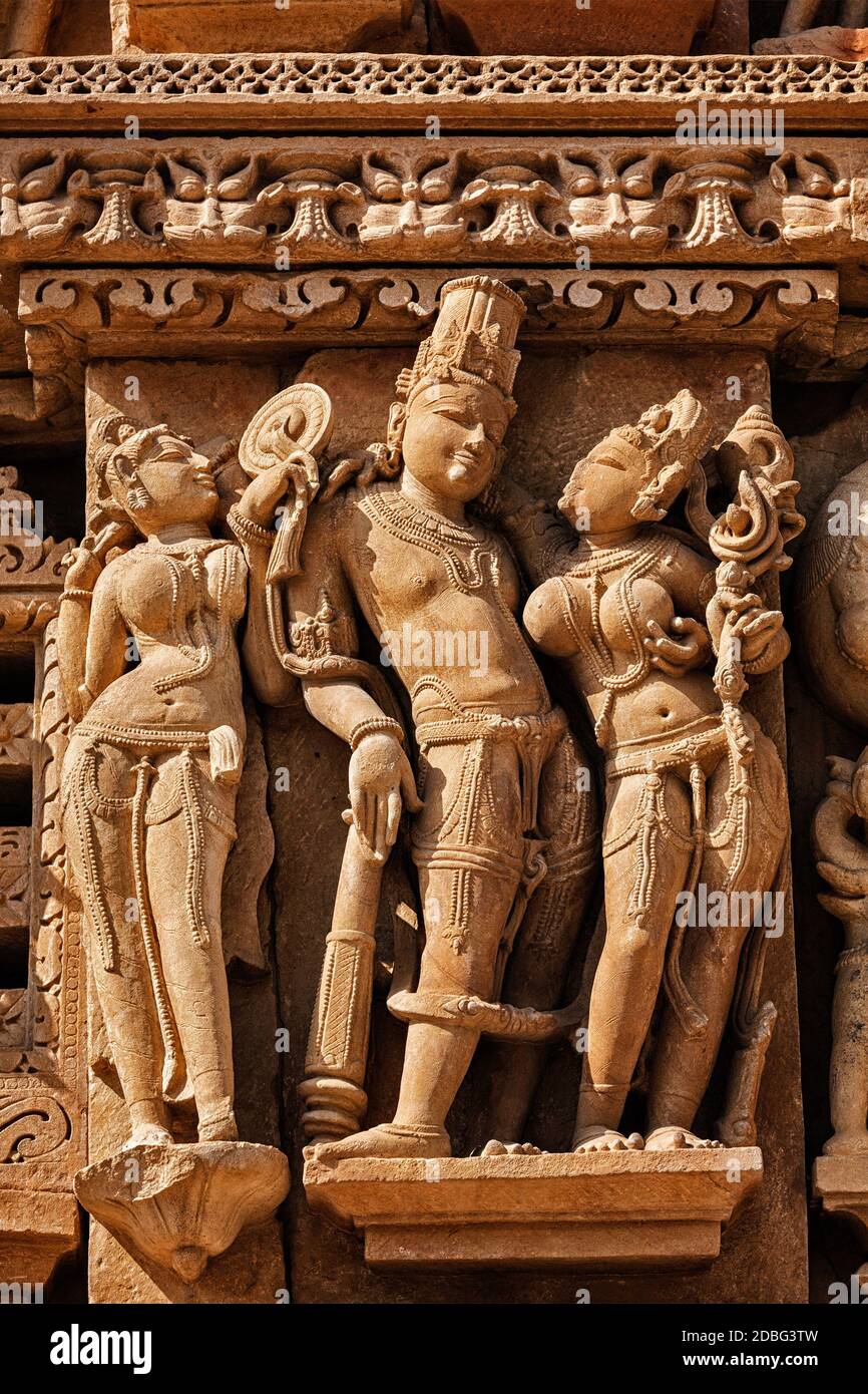 Stone carving bas relief sculptures on Vaman Temple, famous indian