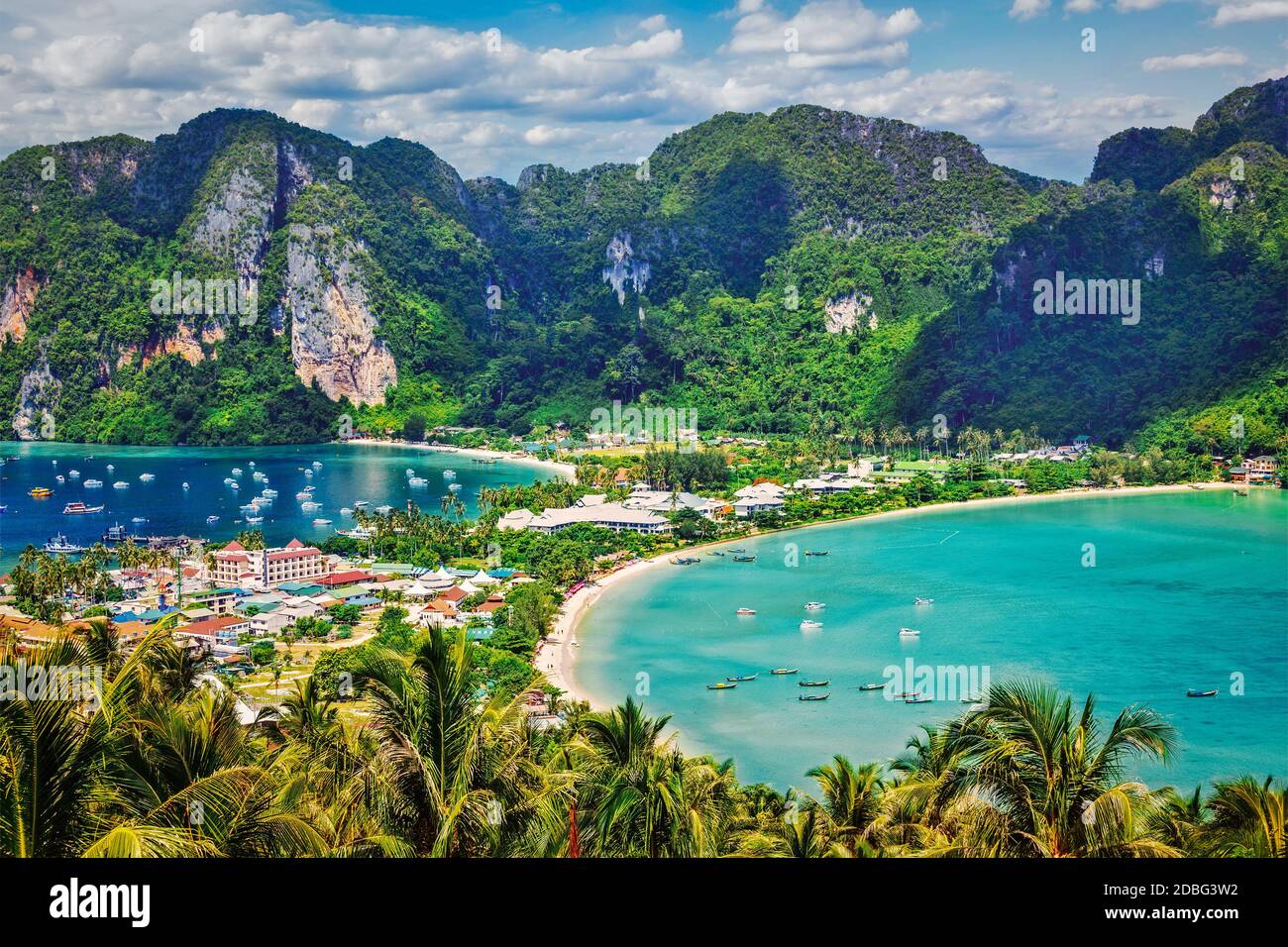 Thailand tropical vacation holidays concept background - tropical island with resorts - Phi-Phi island, Krabi Province, Thailand Stock Photo