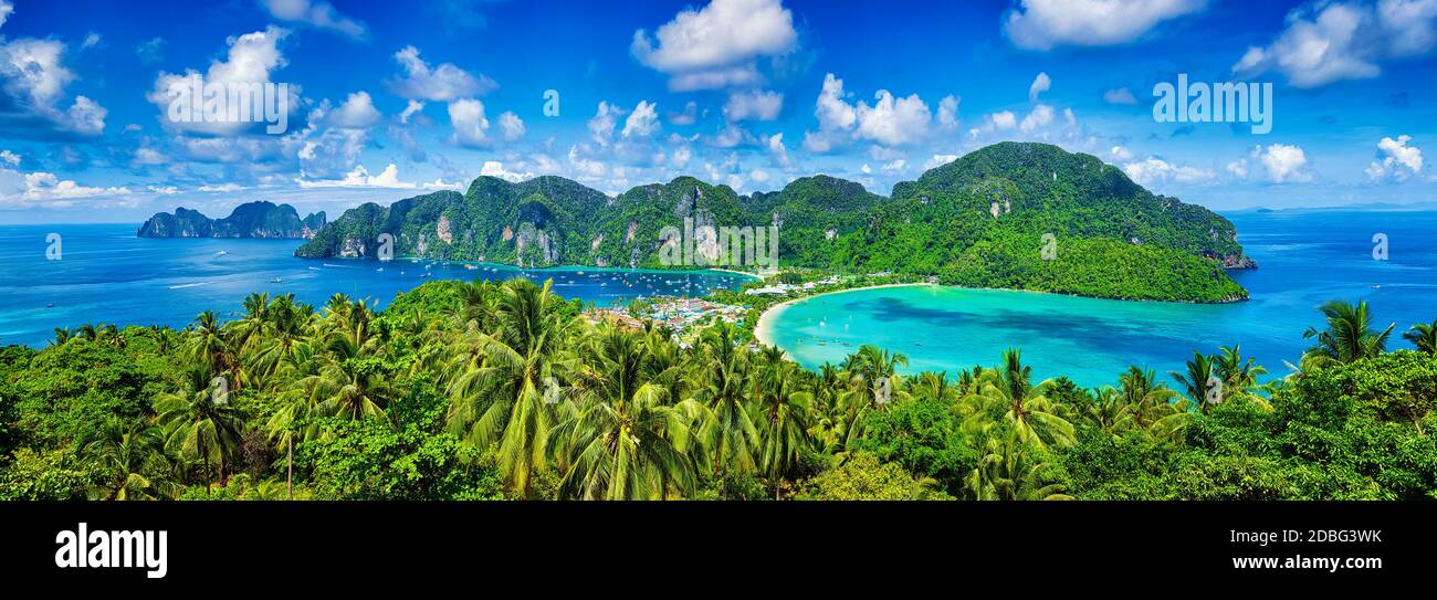Panorama of tropical islands Phi Phi Don and Phi Phi Leh in sea. Crabi, Thailand Stock Photo